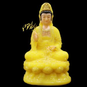 Tượng Mẹ Quan Âm Ngồi, Bột Đá Thạch Anh Viền Vàng, Cao 40cm